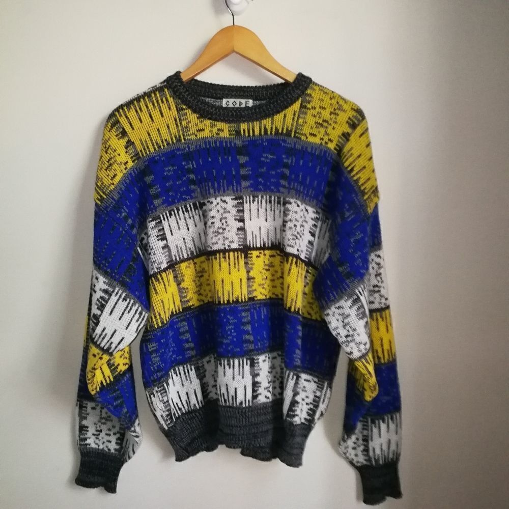 𝅺VINTAGE Y2K Primary Multicolored Stripes Knitted Crewneck Sweater Size XL - Picture 5 of 13